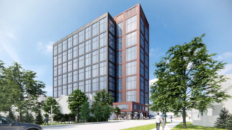 Rendering of the proposed 20-story apartment tower at 350 S. Fifth Avenue beside the Blake Transit Center in downtown Ann Arbor
