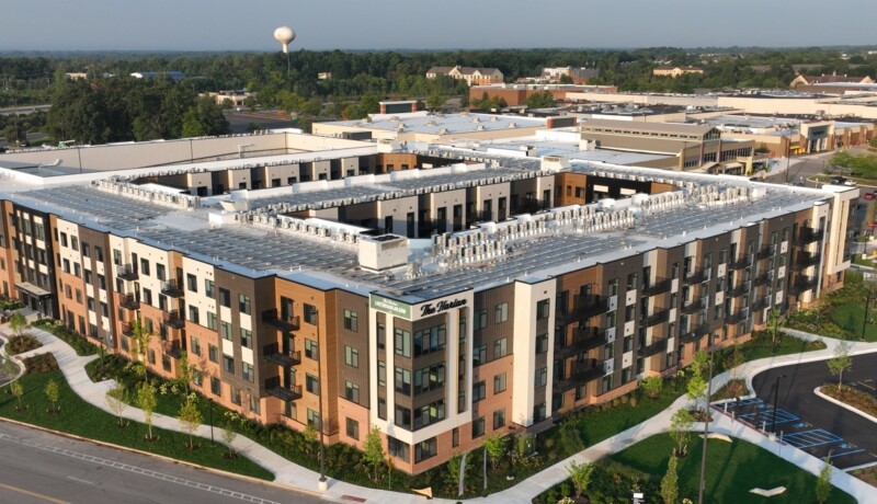Aerial view of The Harlan apartments at 920 Briarwood Circle in Ann Arbor