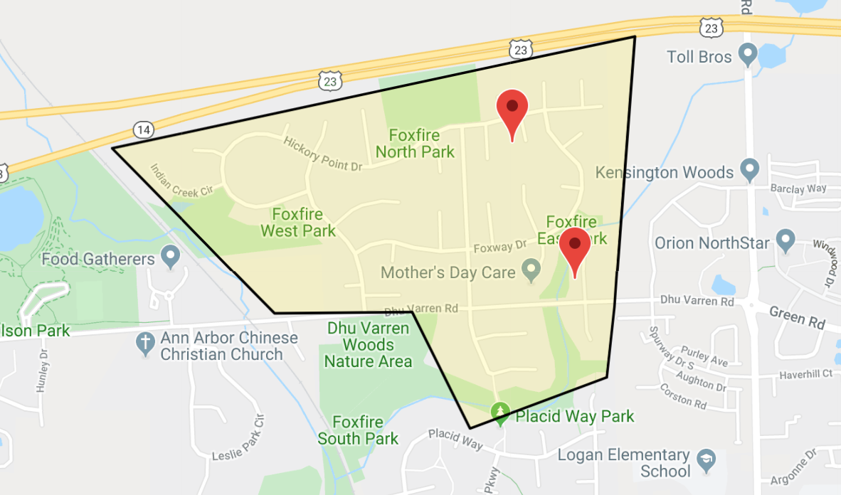 screenshot of the google map depicting the foxfire neighborhood dimensions