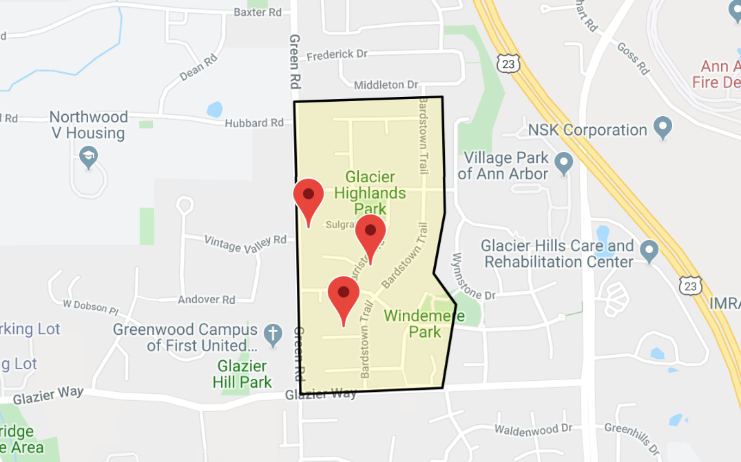 screenshot of google map depicting the glacier highlands neighborhood dimensions. looks like a small rectangle just north of glazier way in A2