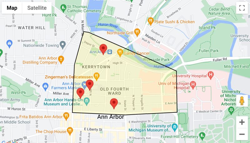 The historic Kerrytown and Old Fourth Ward neighborhood is located just north of downtown Ann Arbor and is Ann Arbor's most walkable and bikeable residential area.