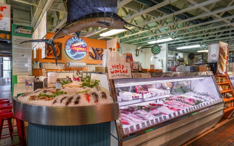 For the freshest seafood, head over to Monahans. A case filled with fresh seafood.